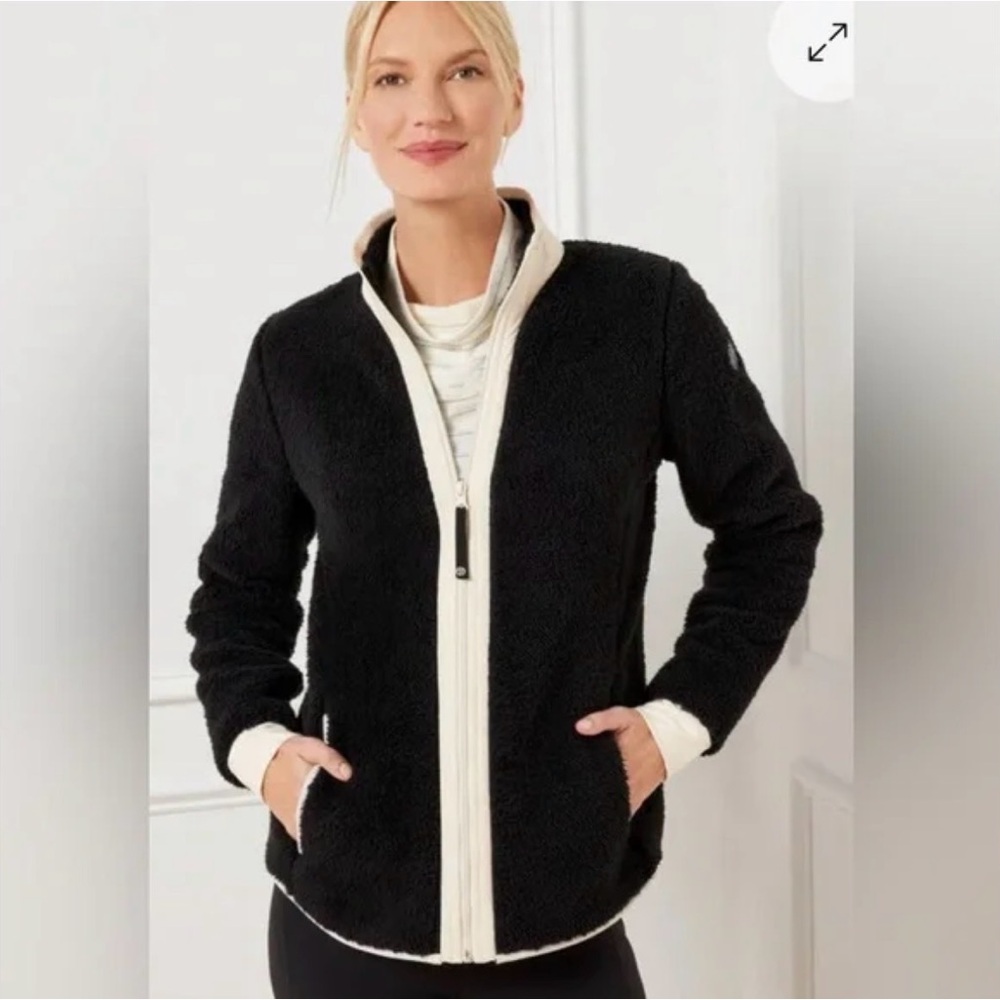 *Talbots Black Teddy Sherpa Zippered Jacket White Poly Trim Sporty Athleisure
